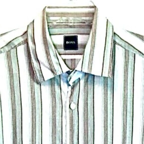 Hugo Boss Other - Hugo Boss Striped Linen/Cotton Blend Dress Shirt in White/Blue/Tan Men’s XL